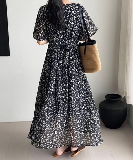 v-neck flare sleeves floral op /2color  FL3457