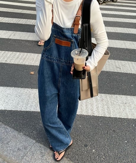 eco leather belt denim overalls　FL2395