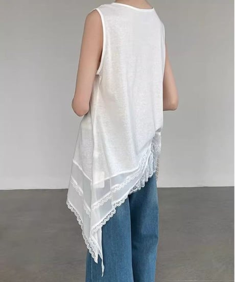 asymmetry lace trim sleeveless top /2color　FL3614