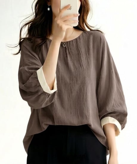 long sleeve contrast cuff blouse /3color　FL3651