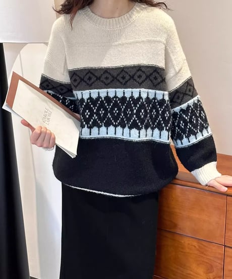 lsle pattern crew neck knit　FL2876