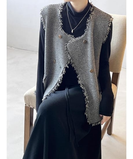 double button fringe vest /2color　FL2588