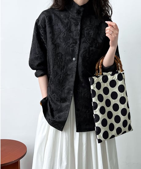 textured jacquard stand-up collar blouse /2color　FL2703