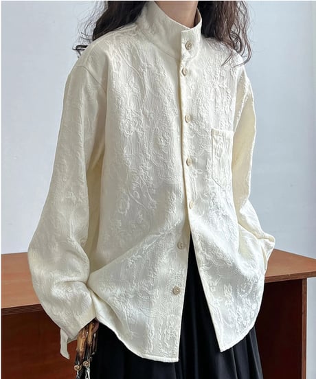 textured jacquard stand-up collar blouse /2color　FL2703