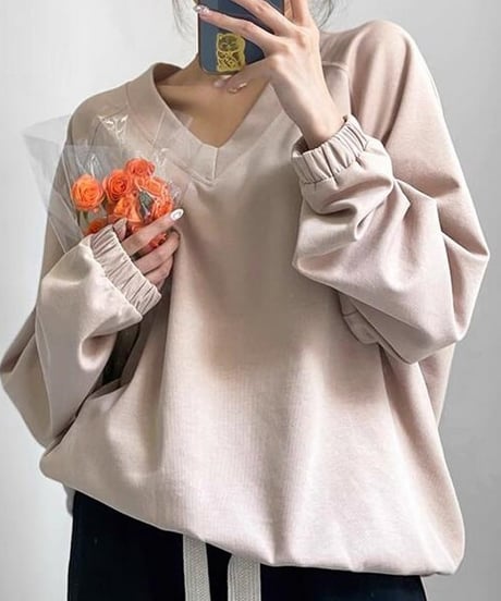 short v-neck sweat top /2color　FL2623