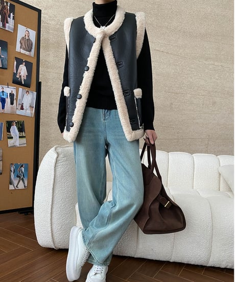 pu leather boa reversible vest　FL3123