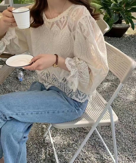 vintage lace puff sleeve blouse /2color　FL3610