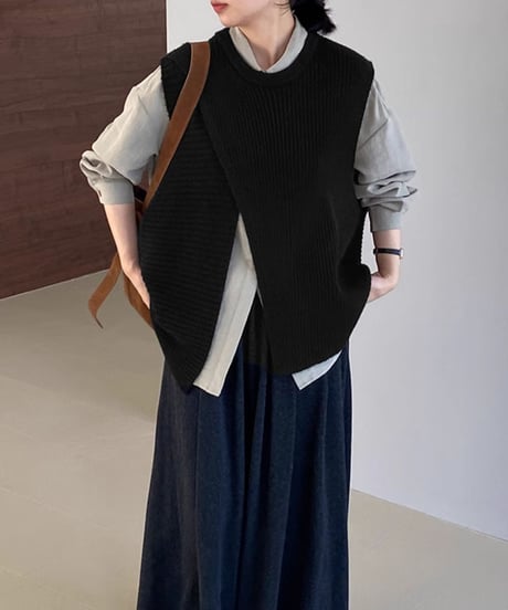 asymmetric over-lap knit vest /4color　FL2825
