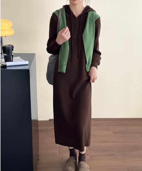 hooded long knit dress /6color　FL3054