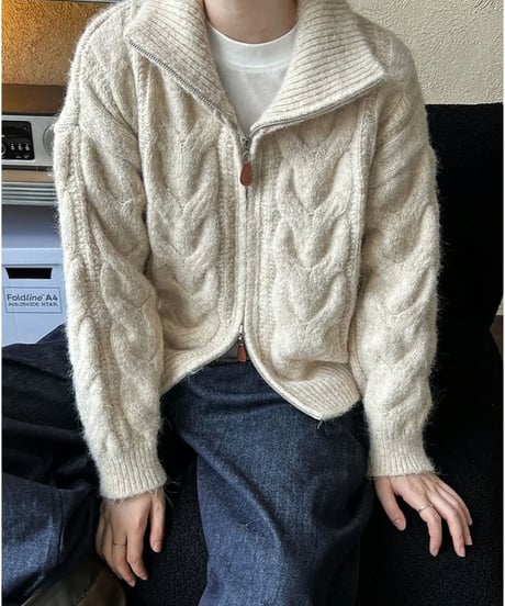 large cable knit zip cardigan /3color　FL2969