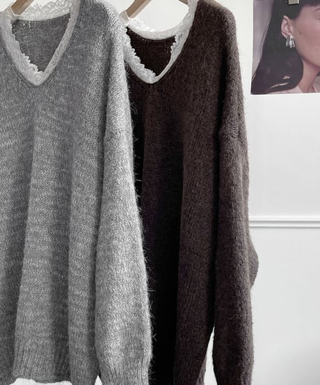 race trimming v-neck knit /2color　FL3039