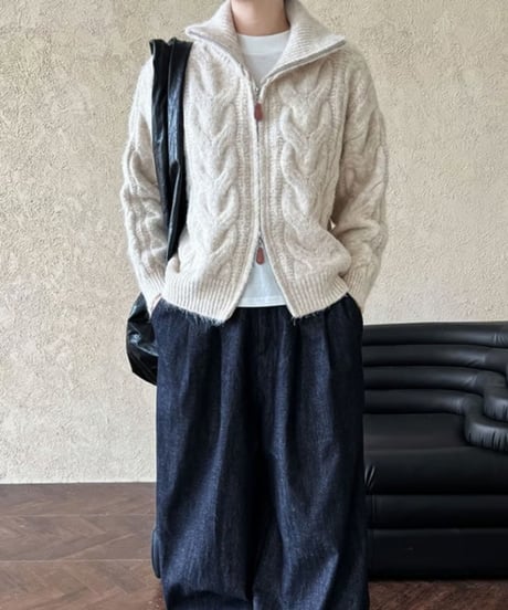 large cable knit zip cardigan /3color　FL2969