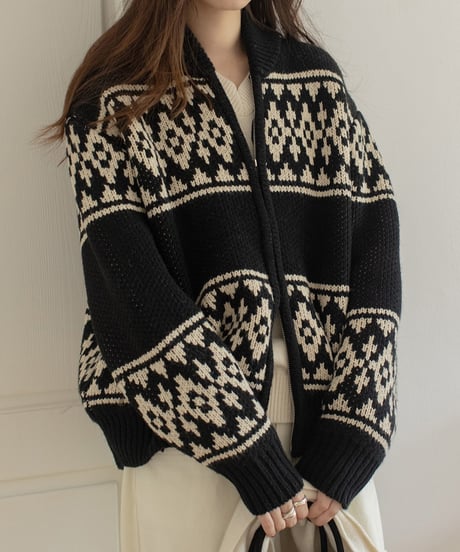 nordic pattern loose knit blouson /2color　FL3087