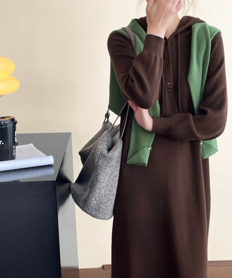 hooded long knit dress /6color　FL3054