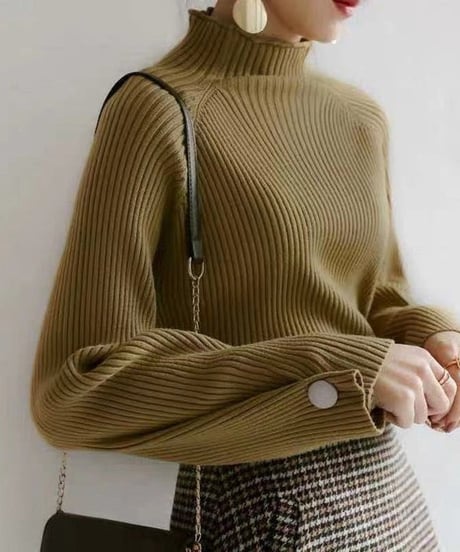 button sleeve high neck knit　FL2666