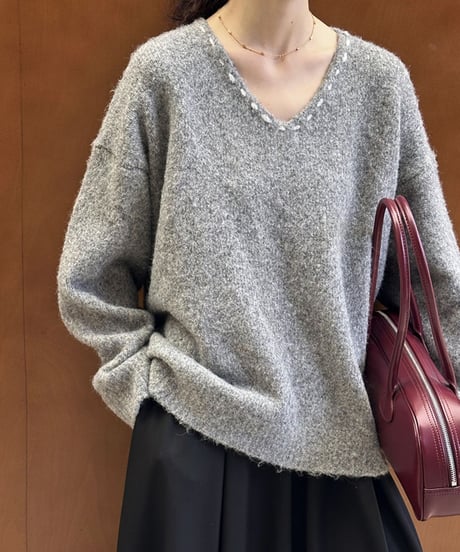 stitched v-neck knit /2color　FL2845