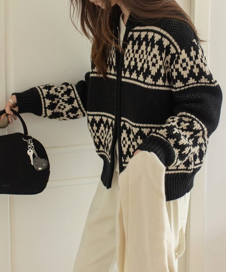 nordic pattern loose knit blouson /2color　FL3087