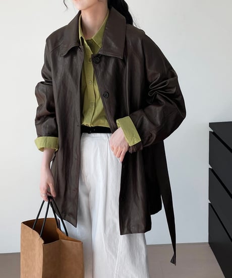 pu leather waist-belt coat /2color　FL2797