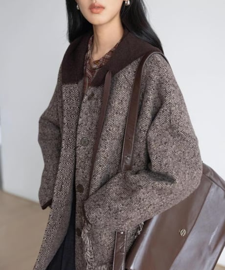 fringe pocket hooded tweed jacket　FL2979