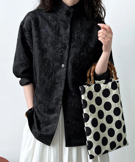 textured jacquard stand-up collar blouse /2color　FL2703