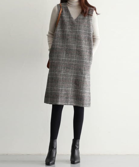 v-neck plaid jumper dress　FL2945