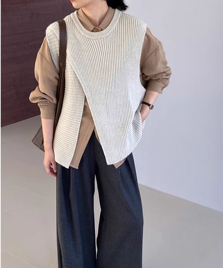 asymmetric over-lap knit vest /4color　FL2825