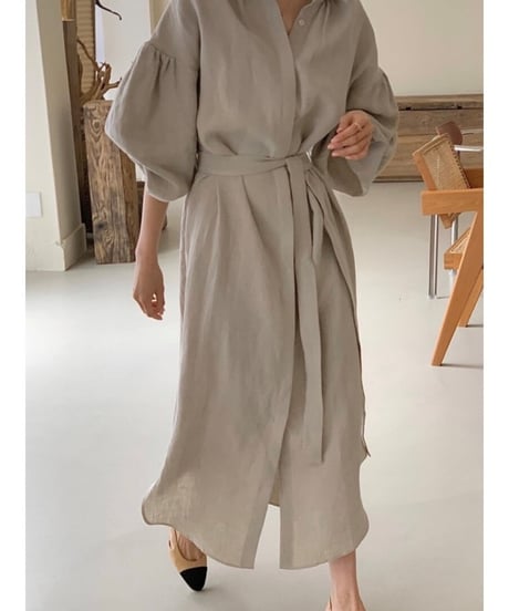 waist-marked volume sleeve dress /2color　FL2005