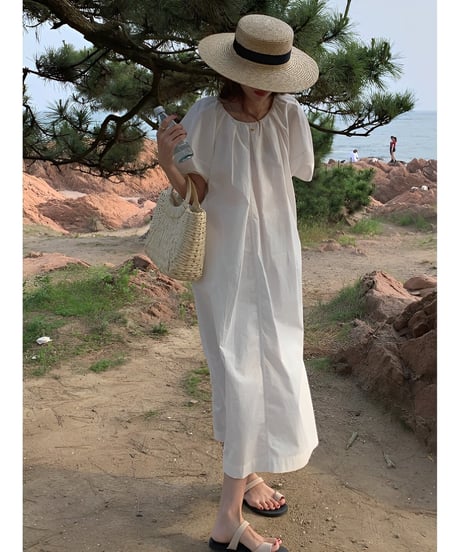 puff sleeve back slit dress /2color　FL2003
