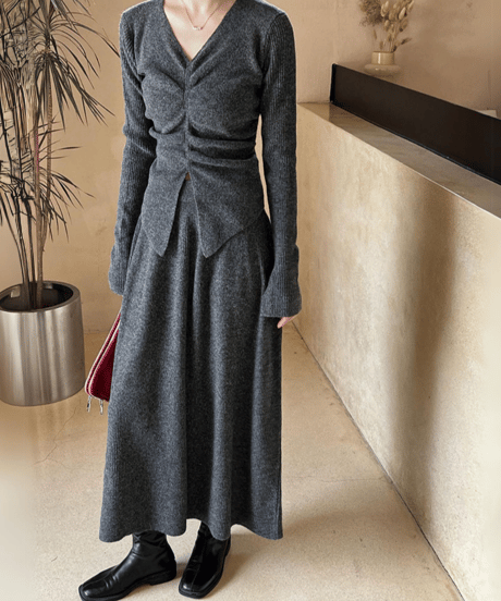 v-neck knit top and skirt set up /3color　FL2809