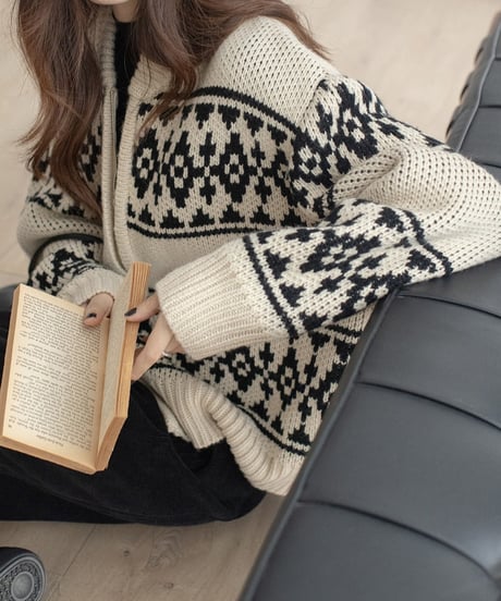 nordic pattern loose knit blouson /2color　FL3087