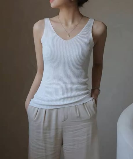 v-neck ribbed knit tank top /5color　FL3442