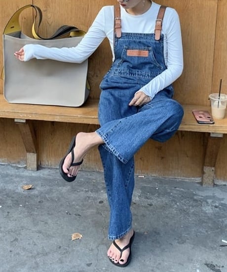 eco leather belt denim overalls　FL2395