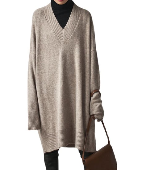 loose v-neck knit dress /4color　FL2692