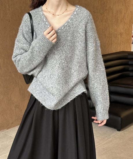 stitched v-neck knit /2color　FL2845