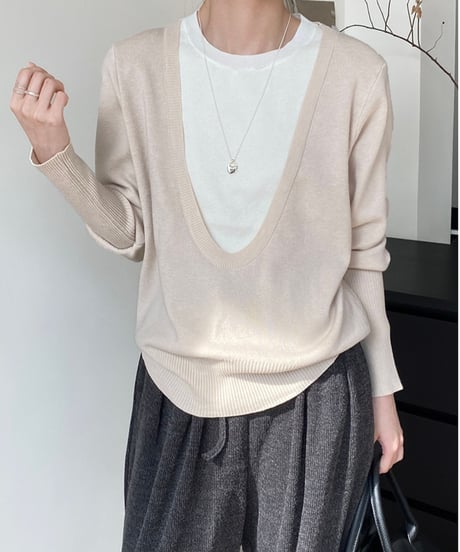 wide neck fake layered knit /3color　FL2829