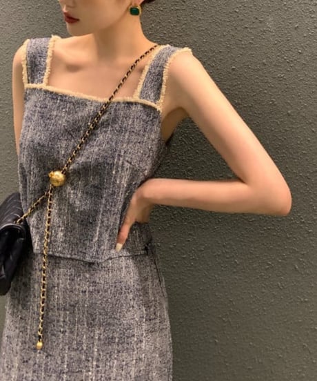 fringe lace vest & tweed skirt　FL2414