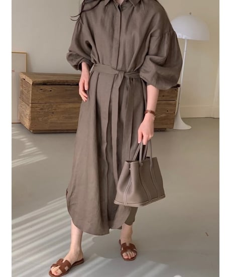 waist-marked volume sleeve dress /2color　FL2005