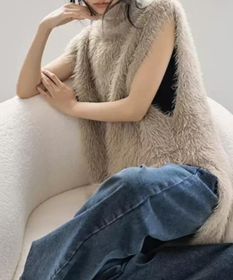 high neck eco fur vest /2color　FL2926