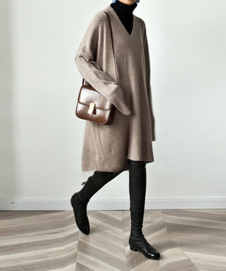 loose v-neck knit dress /4color　FL2692