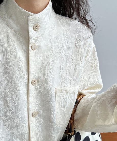 textured jacquard stand-up collar blouse /2color　FL2703
