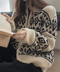 nordic pattern loose knit blouson /2color　FL3087