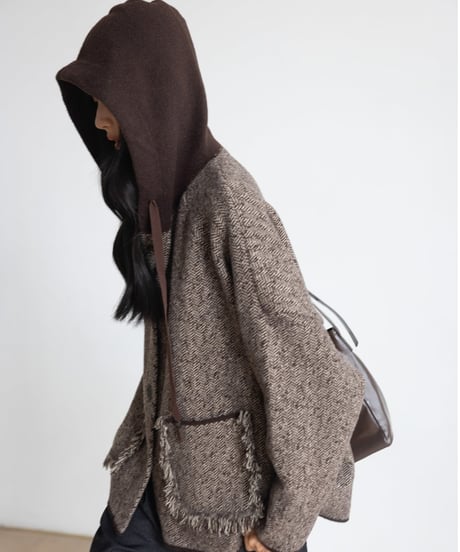 fringe pocket hooded tweed jacket　FL2979