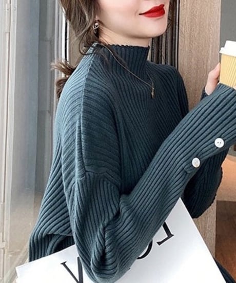 half neck sleeve button knit top /5color　FL2647