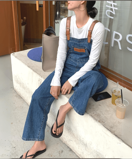 eco leather belt denim overalls　FL2395