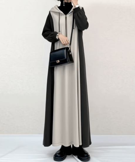 hooded color block long dress / 3color　FL3565