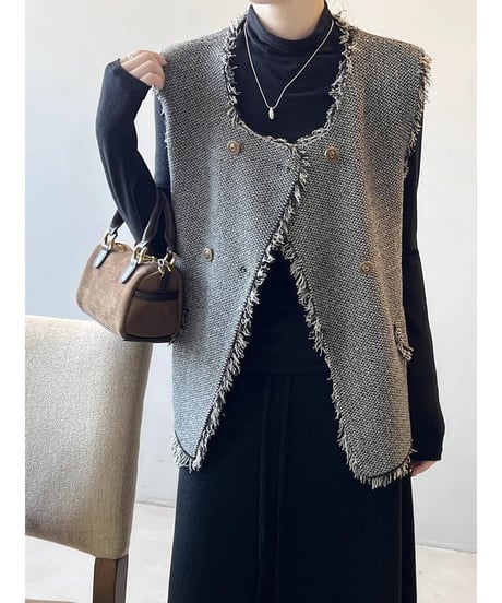 double button fringe vest /2color　FL2588