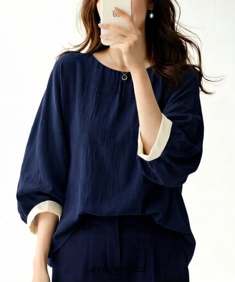 long sleeve contrast cuff blouse /3color　FL3651
