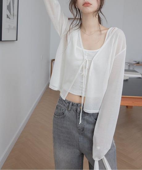 drawstring sheer knit cardigan /4color　FL3293