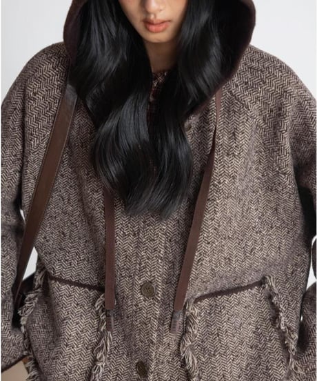 fringe pocket hooded tweed jacket　FL2979