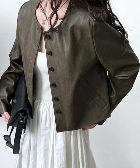 collarless faux leather button jacket　FL2982